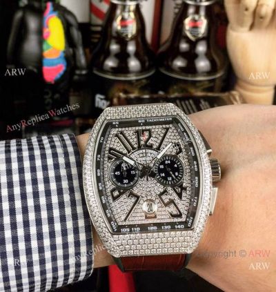 New Franck Muller Vanguard Chronograph Copy Watch SS Diamond Brown Leather Strap